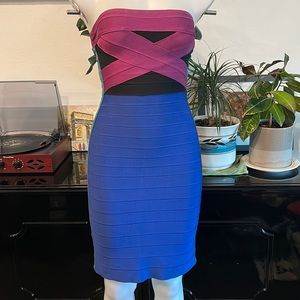 Vintage Herve Leger Bandage Strapless Dress Mini blue maroon black sz S